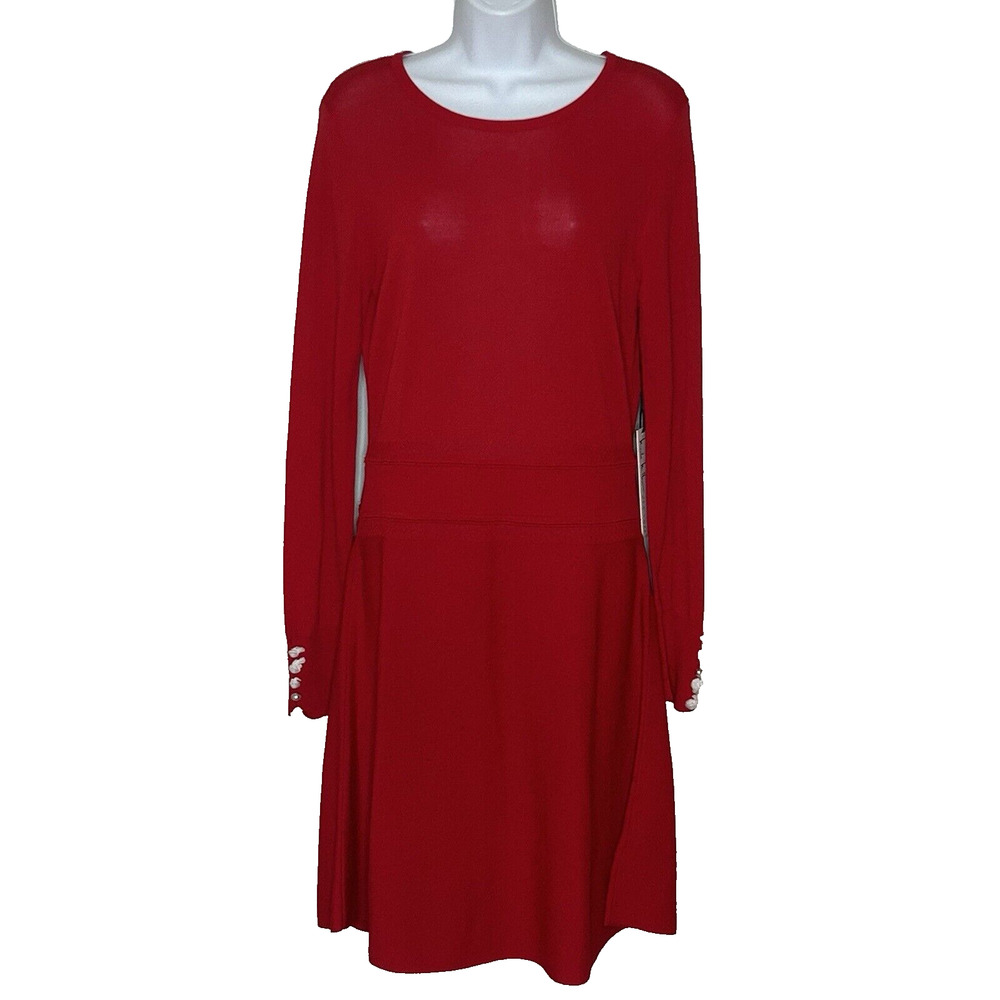 Nicole Miller Red Sweater Dress Size L Pearl Buttons Long Sleeves Knit Stretch